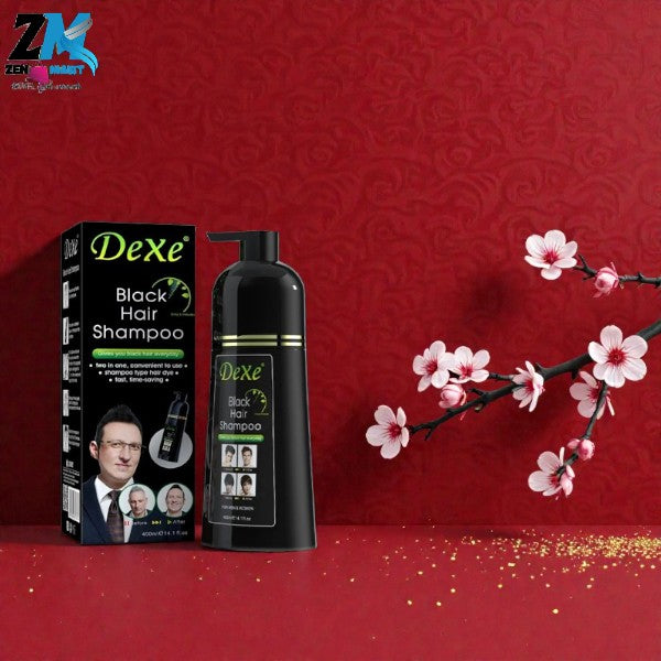 Dexe Black Hair Shampoo bottle and packaging on a red background with cherry blossoms.