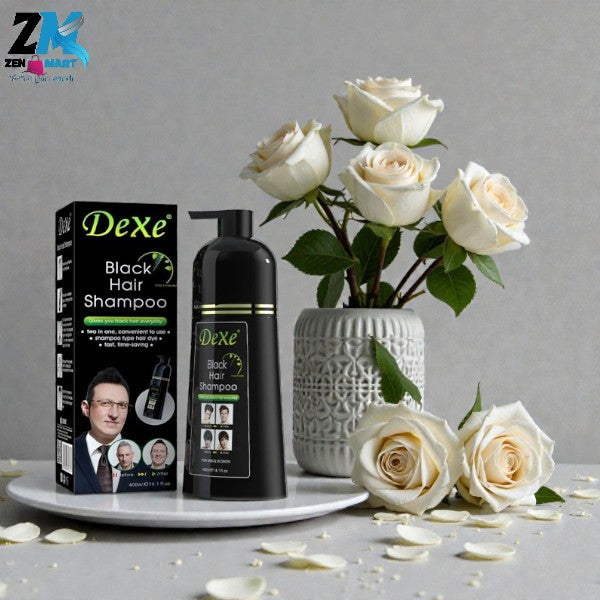 Dexe Black Hair Shampoo bottle and packaging with white roses on a gray background