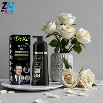 Dexe Black Hair Shampoo bottle and packaging with white roses on a gray background